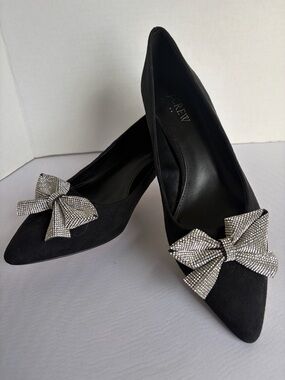 J. Crew Black Suede Pointed Toe Pumps with Rhinestone Bow